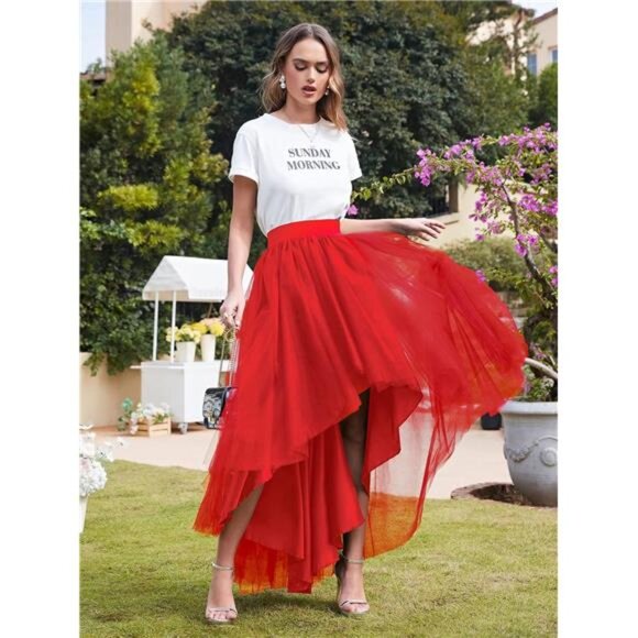 High Low Tulle Skirt for Women Red - Picture 6 of 6